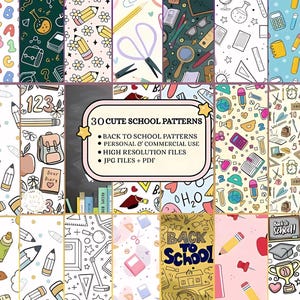 May include: A collection of 30 cute school patterns with various designs, including pencils, apples, backpacks, and the text "Back to School". The patterns are available in high-resolution JPG and PDF files.