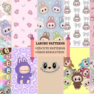 Labubu Cute Patterns | 25 Digital Papers | Kawaii Bunny Clipart | Pastel Backgrounds | High-Res PNG | Sublimation & Scrapbooking