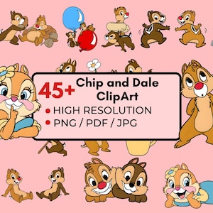 May include: A selection of Chip and Dale clipart illustrations on a pink backdrop. The images depict the cartoon chipmunks in different poses, some holding items such as balloons and acorns. Text on the image reads "Chip and Dale Clipart" and "45+".