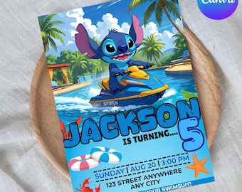 Stitch Pool Party Invitation: Editable Canva Template Digital Download