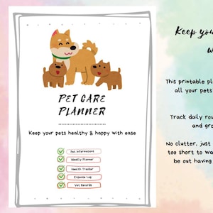 Może przedstawiać: Drukowany planer opieki nad zwierzętami z kreskówkową ilustracją rodziny psów. Planer zawiera sekcje dotyczące informacji o zwierzętach, planowania tygodniowego, śledzenia stanu zdrowia, rejestrów wydatków i dokumentacji weterynaryjnej. Tekst: "Utrzymuj życie swojego zwierzaka zorganizowane!"