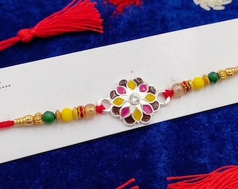 Silver Multicolor Floral Handmade Rakhi For Bhai Raksha Bandhan Special Gift For Brother