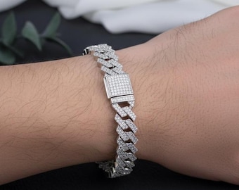 Bracelet à maillons cubains glacé : bijoux hip hop en argent sterling 925 avec diamants CZ