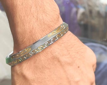 Men's Punjabi Sikh Kada Bangle Silver & Gold Stainless Steel Kara Bracelet