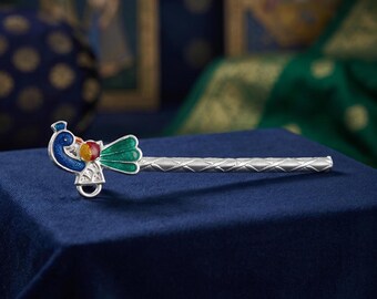 Silver Krishna Flute Enamel Peacock Janmashtami Gift Puja Decor