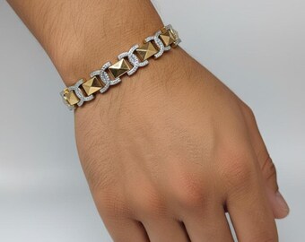 Two Tone Brass Geometric Link Bracelet, Modern Men's Jewelry