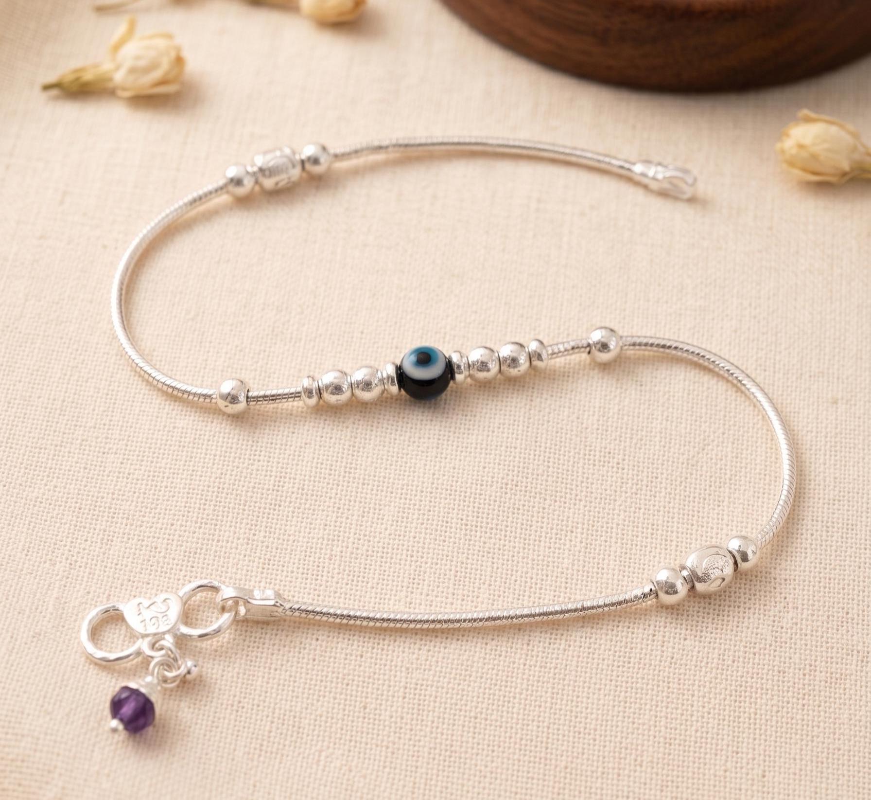 Black Evil Eye Silver Anklet for Women Minimalist Boho Foot Jewelry Gift for Her