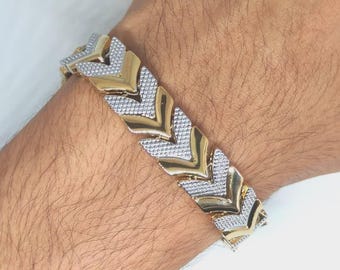 Men's Two Tone Brass Bracelet: Silver Gold Chevron Link Chain