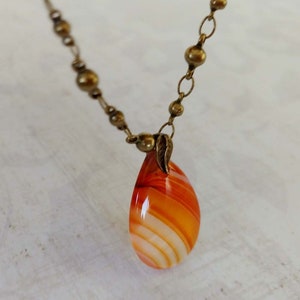 Banded Teardrop Red Agate Gemstone Necklace on Antiqued Gold-Plated Brass Ball Link Chain image 2