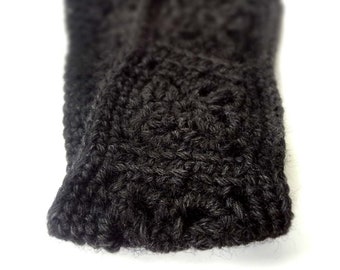 Crochet Headband, Boho Knit Hairband - Wool in Black, Dark Gray