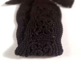 Crochet Headband, Knit Boho Hairband - Black 100 percent Cotton