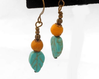 Turquoise Magnesite & Mustard Yellow Marble, Brass Bronze Antique Gold Dangle Earrings