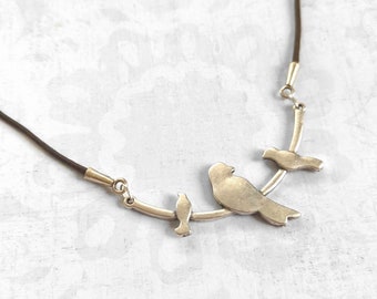 Antiqued Silver Bird Necklace, Gift for Mom with Two Kids