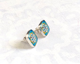 Catalina Pottery Tile, Sterling Silver Teal Blue Yellow Post Earrings, Spanish, Mexican, and Mediterranean Talavera Tile Inspired