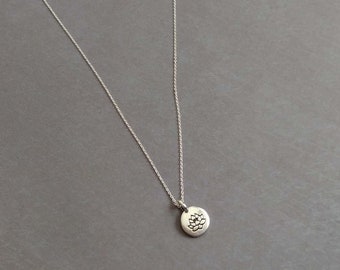 Lotus Flower Necklace, Layering Delicate Tiny Silver Plated Brass Pendant on Sterling Silver Chain Necklace