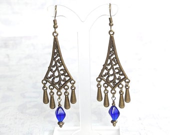 Bronze, Bright Blue, Antiqued Gold Plated Brass, Chandelier Earrings with Bright Blue Glass Bead,  Vintage Look Dangle Earrings.
