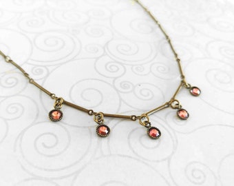 Delicate Pink Swarovski Crystals on an Antiqued Gold-Plated Brass Bar Link Chain Dainty Simple