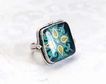 Catalina Tile Adjustable Ring sizes 7 - 10 on Silver Plated Brass, Catalina Pottery Blue & Yellow Mexican Tile, Spanish Tile Ring Talavera