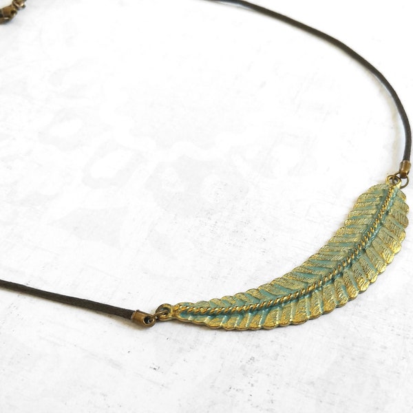 Gold Verdigris, Blue Green Patina Leaf Necklace on Brown Cotton Cord Statement Necklace, Antique Look, Ancient Look, Leaf Necklace