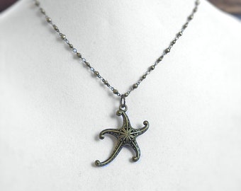 Large Cut-out Starfish Statement Necklace Focal on Antique Gold-Plated Brass Chain, Handmade Ocean Theme Necklace