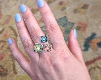 Catalina Tile Adjustable Ring on Silver Plated Brass, Three Tiles Ring Catalina Pottery Blue & Yellow Simple Mexican Tile, Ring Talavera