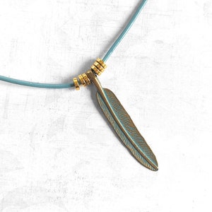 Gold Feather Necklace with Green Patina and Turquoise Leather Cord, Boho Feather Necklace image 1