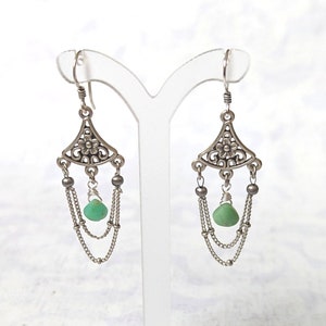 Antique Silver and Light Green Hand Faceted Chrysoprase teardrops, Chandelier Chain Silver Plated Brass Floral Motif