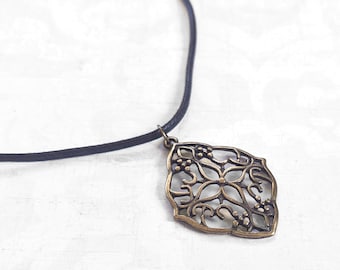 Filigree Antiqued Gold Plated Bronze Necklace, Simple Large Pendant on Black Waxed Cotton Cord Choice of Lengths