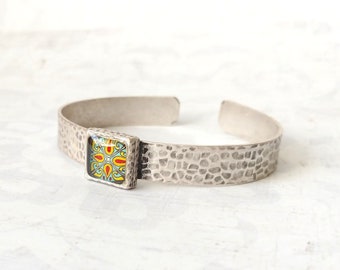 Catalina Tile on Silver Cuff Bracelet, Silver Plated Brass Adjustable Red & Turquoise Mexican Tile, Spanish Tile Bracelet Catalina Potttery