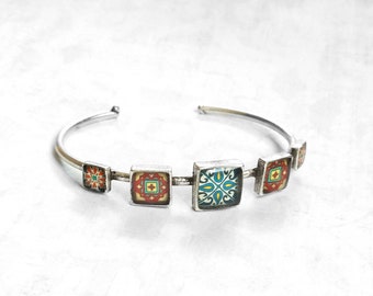 5 Catalina Tiles on Silver Cuff Bracelet, Silver Plated Brass Adjustable Pink & Turquoise Mexican Tile, Spanish Tile Bracelet Talavera Tile