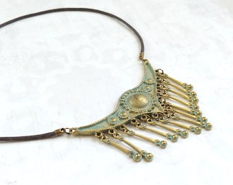 Antiqued Blue Green Patina, Bib Necklace, Verdigris Gold-Plated Brass, Statement Necklace with Brown Cotton Cord and Bronze Accent.