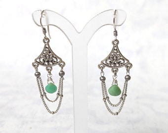 Antique Silver and Light Green Hand Faceted Chrysoprase teardrops, Chandelier Chain Silver Plated Brass Floral Motif