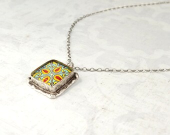 Spanish, Mexican, Catalina Tile, Red & Turquoise Tile Necklace on Antiqued Gold Plated Brass Link Chain Catalina Pottery, Talavera Tile