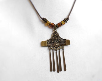 Antiqued Beaded Gold-Plated Brass, Tribal Statement Bib Necklace with Waxed Brown Cotton Cord