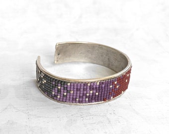 Silver Beaded Cuff Bracelet in Purple, Lavender, Maroon, Gray, Burgundy Glass, Loomed Seed Beads on Antique Silver Cuff Bracelet, Adjustable