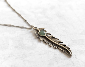 Silver Feather Pendant Southwest Style Antique Silver Plated Brass Necklace Featuring a pale green Aventurine Gemstone