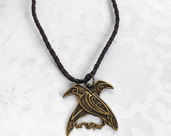 Raven Bird Antiqued Gold Plated Bronze Necklace, Ethnic, Viking, Norse, Celtic Jewelry, Tribal Huginn & Muninn Norse Ravens, Odin Raven God