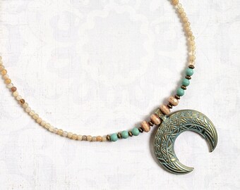 Antiqued Beaded Gold-Plated Brass Vertigris, Patina, Crescent Moon Pendant, Tribal Statement Necklace