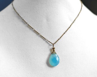 Faceted Light Blue Chalcedony Teardrop Necklace on Antique Gold Plated Brass Bar Chain Choices of Lengths