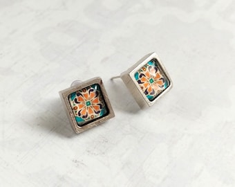 Catalina Pottery Tile Silver Pink & Turquoise Post Earrings, Square Spanish, Mexican, Catalina and Mediterranean Talavera Tile Inspired