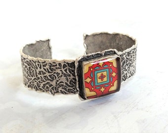 Catalina Tile on Silver Cuff Bracelet, Silver Plated Brass Adjustable Red & Yellow Mexican Tile, Spanish Tile Bracelet