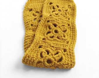 Hand Made Crochet Headband, Boho Knit Hairband, Made From 100% Environmentally Sustainable Bamboo Yarn in Mustard Yellow Gold