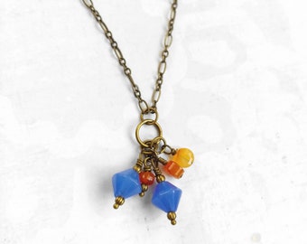 Simple Blue, Yellow and Orange Necklace. Carnelian, Citrine Gemstones and Blue Glass Beads on Antique Gold-Plated Brass Chain