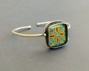 Catalina Tile on Silver Cuff Bracelet, Silver Plated Brass Adjustable Red & Turquoise Mexican Tile, Spanish Tile Bracelet