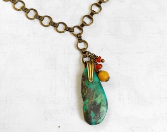 Turquoise Gemstone Statement Necklace with Yellow Marble and Carnelian Accent Beads and Gold-Plated Brass Beads, on a Gold Plated Brass