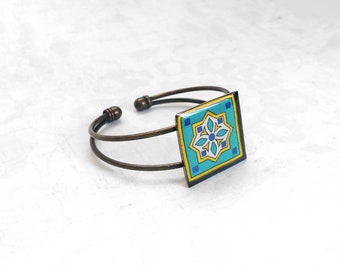 Turquoise, Blue and Yellow Catalina Tile on Antique Gold-Plated Brass Cuff Bracelet Mexican, Spanish Tile Bracelet Talavera Catalina Pottery