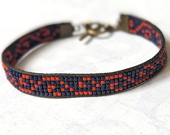 Wave Motif Navy Blue and Orange Seed Beaded Wrap Bracelet in Glass, Loom Woven Delica Seed Beads with Dark Black Waxed Cotton Cord