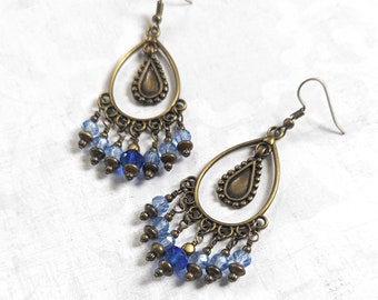 Bronze, Bright Blue, Antiqued Gold Plated Brass, Chandelier Earrings with Light Blue, Bright Blue Glass Bead, Vintage Look Dangle Earrings.