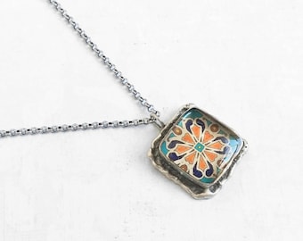 Catalina Tile Necklace, Turquoise Pink Floral, Antiqued Gold Plated Brass