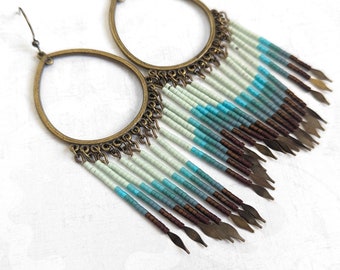 Blue, Brown & Teal Ombre Beaded Long Chandelier Earrings, Bohemian Antique Gold Color Bronze Gypsy Fringed Earrings, Long Boho Chandelier